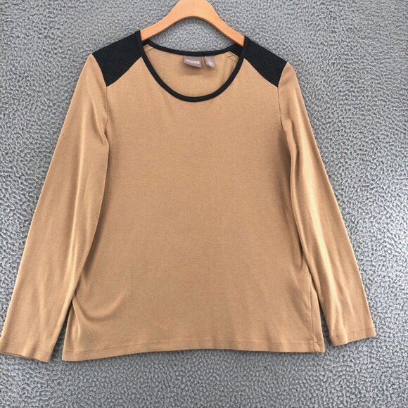 Chicos Top Womens 1 US 8 Medium Brown Long Sleeve PU Accent Everyday Pullover - Picture 1 of 11